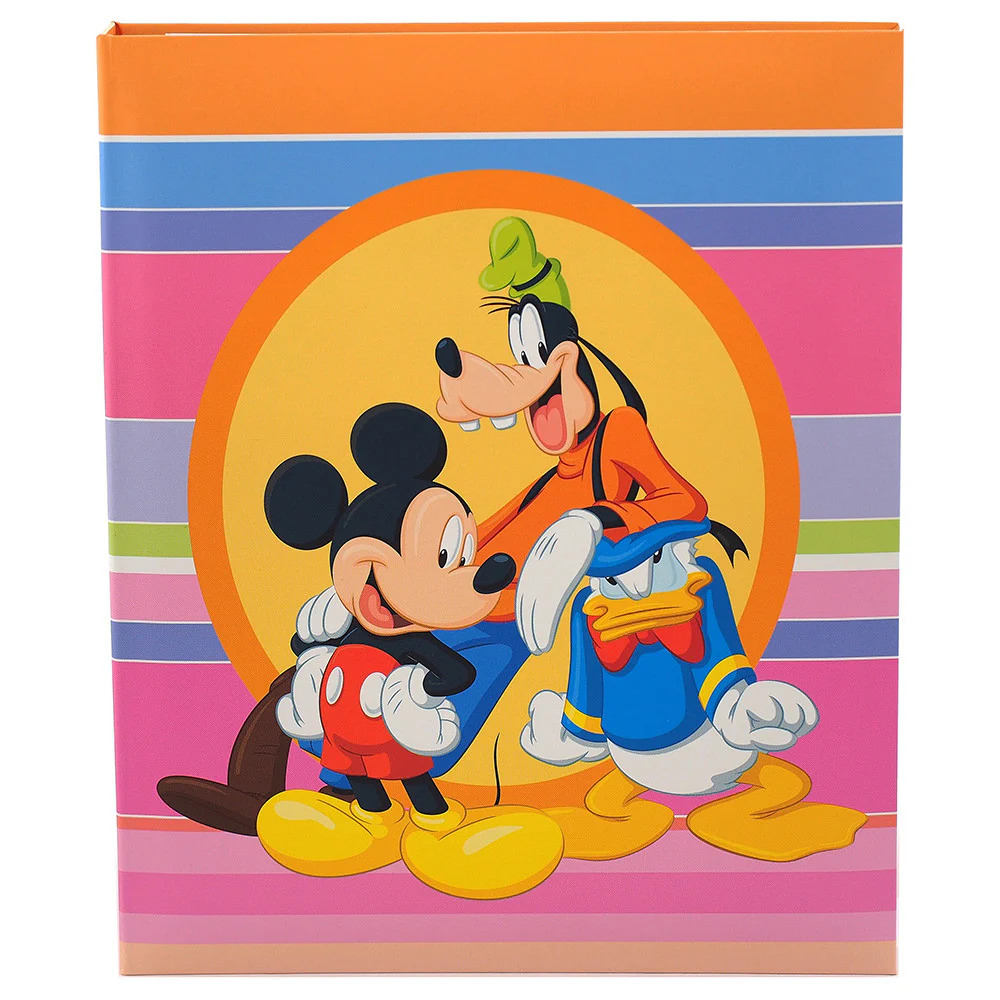 Mickey Mouse standing with Pluto the dog on vibrant striped background