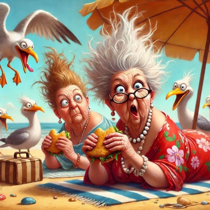 Two shocked cartoon elderly women with wild hair at a beach table surrounded by seagulls