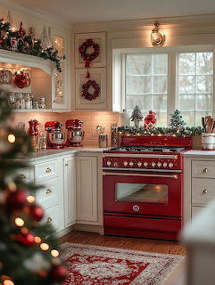 Cozy white kitchen with a red stove and Christmas decorations
