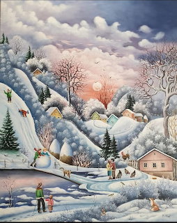 Painting of a snowy village with houses, trees, people, a dog, and chickens under cloudy winter sky