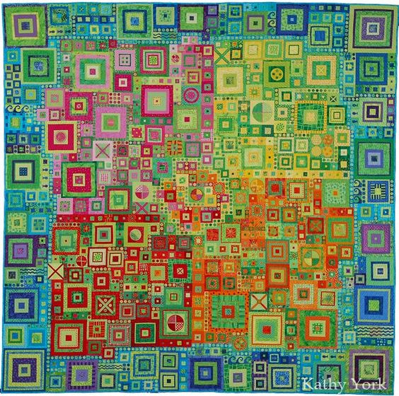 Colorful mosaic tapestry with concentric squares in rainbow gradient pattern