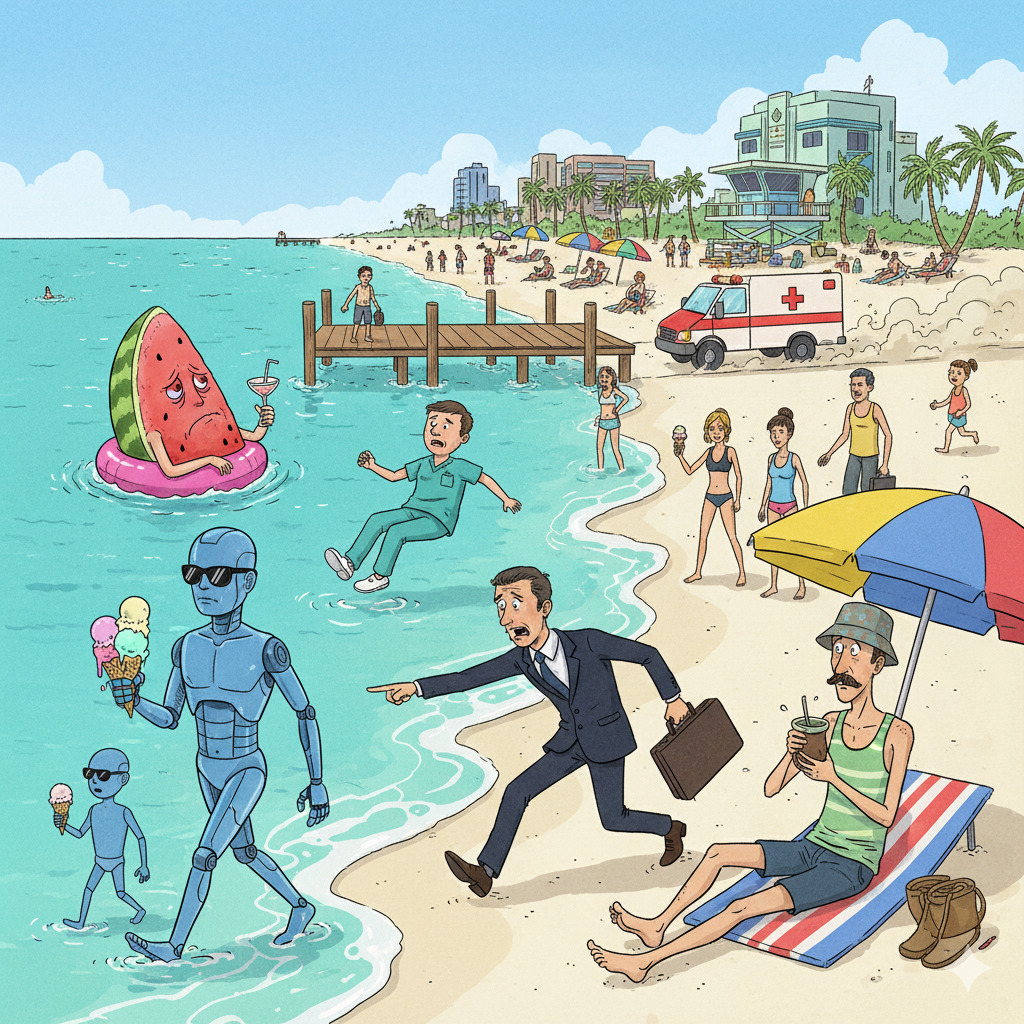 Colorful illustration of a busy Miami beach with swimmers, beachgoers, palm trees, and watermelon float in turquoise water