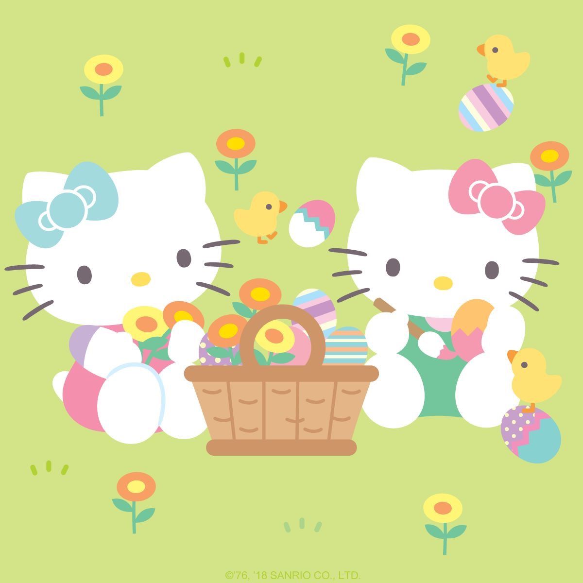 Hello Kitty characters with Easter basket, eggs, chicks and flowers on green background