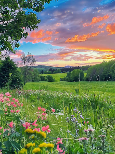 Sunset over green meadow with wildflowers and rolling hills under colorful sky