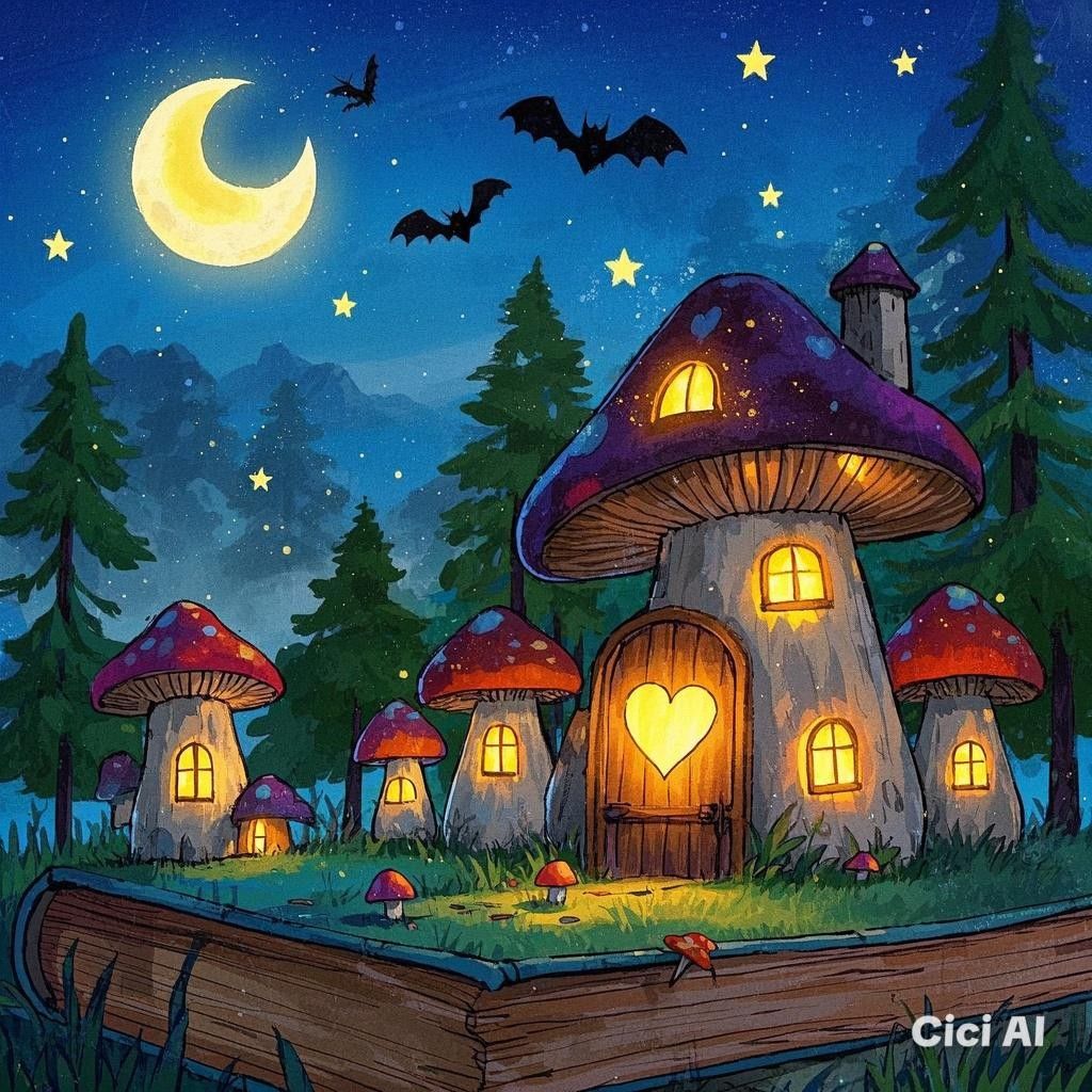 Fantasy mushroom houses glowing at night with crescent moon, bats, and evergreen trees in whimsical illustrated scene