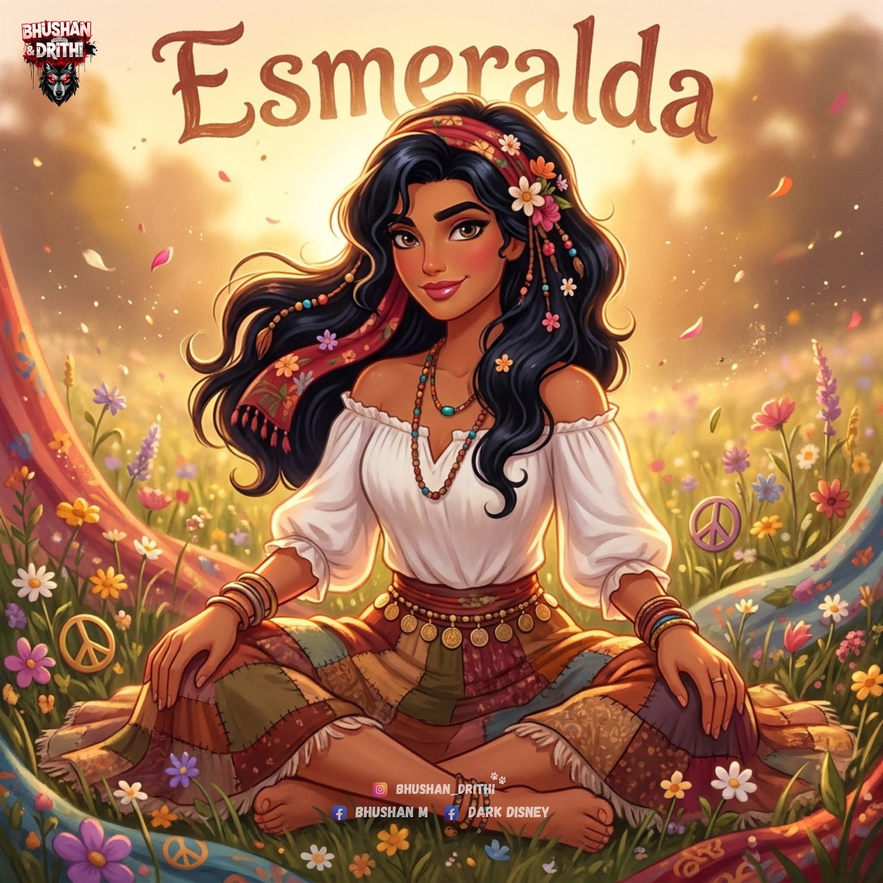 Illustration of Esmeralda sitting among flowers in a warm glowing field