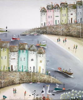 Pastel painting of colorful houses along a coastal harbor with small boats and people walking on the shore