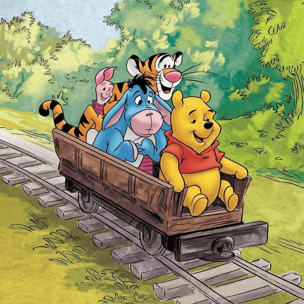 Winnie the Pooh, Tigger, Eeyore, and Piglet riding in a wooden train cart on tracks through a green landscape