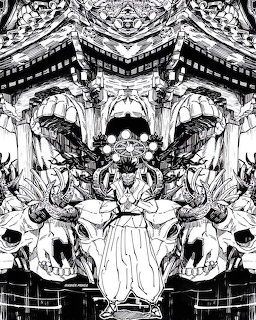 Black and white detailed illustration of a robed figure in a dark fantasy temple with skulls and demons