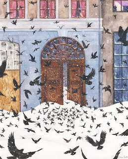 Painting of black birds flying over snowy ground in front of a building with an arched door
