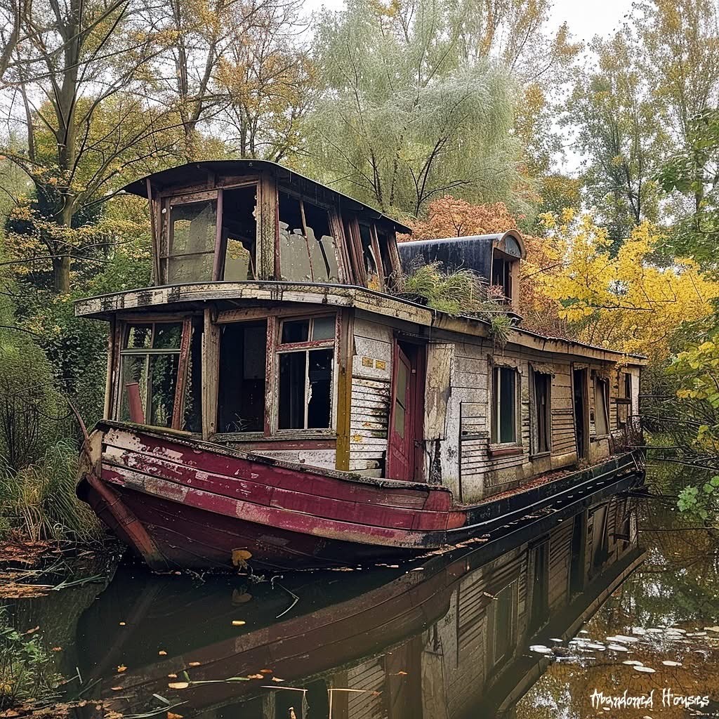 Derelict wooden houseboat with broken windows floating on still water among fall foliage