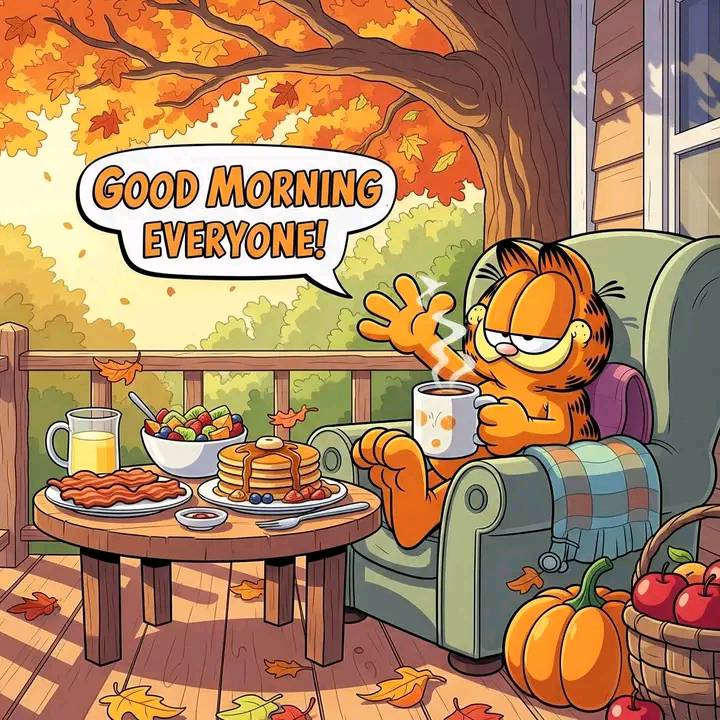 Garfield sits in a chair on an autumn porch beside a breakfast table with a good morning speech bubble.