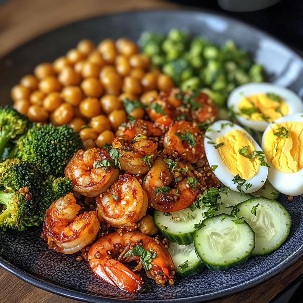 Protein bowl with shrimp, eggs, chickpeas, broccoli and cucumber on dark plate