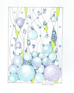 Hand-drawn illustration of blue and purple bubbles with wavy lines and green leaf-like accents