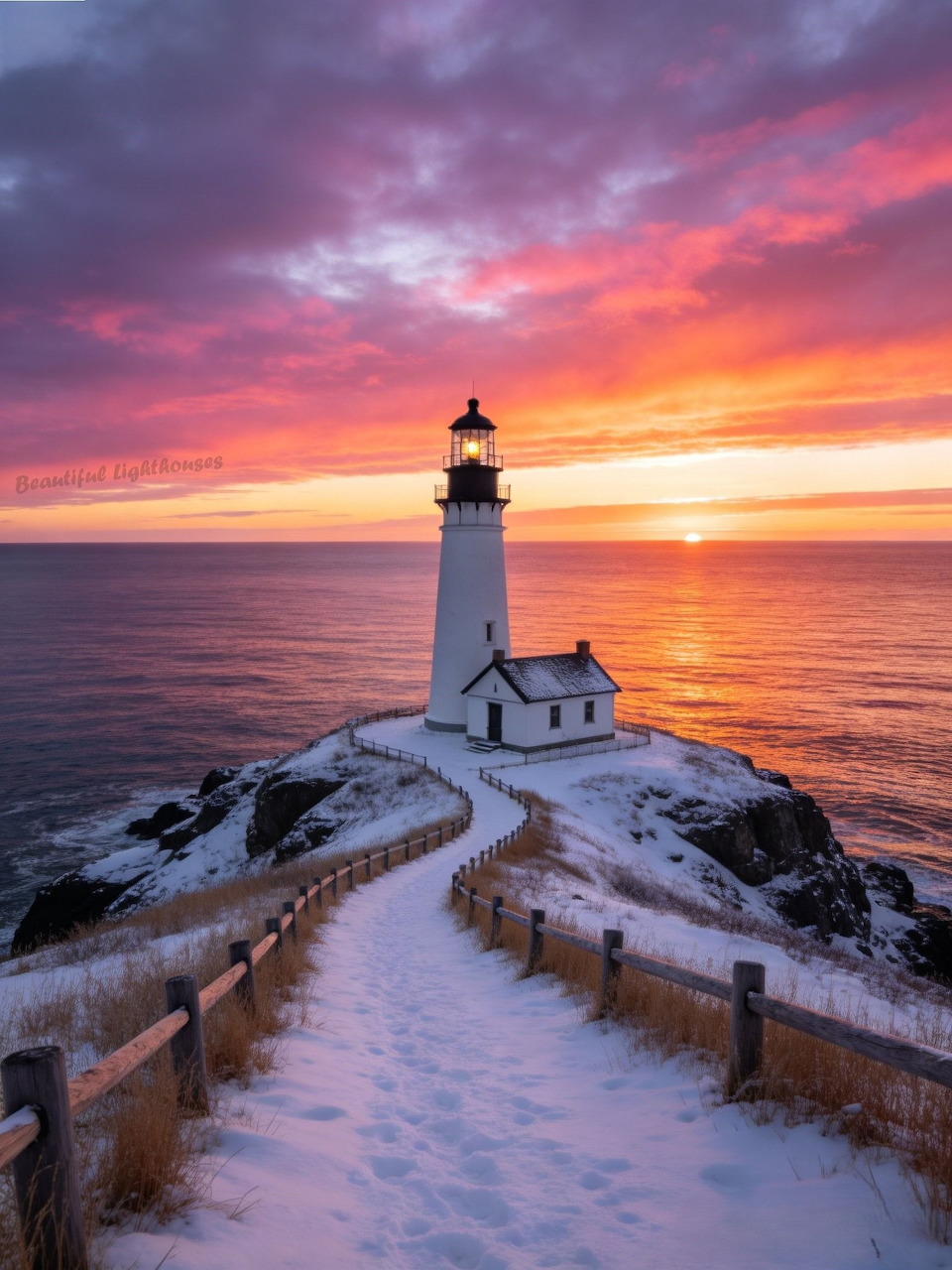 White lighthouse on snowy rocky peninsula under vibrant pink and orange sunset sky over ocean