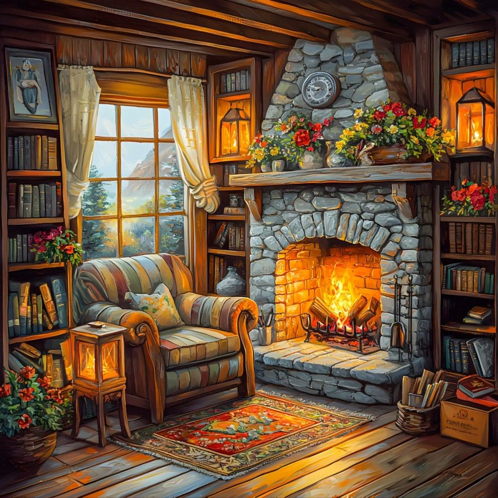 Cozy room with armchair by stone fireplace, bookshelves, window, and warm lighting
