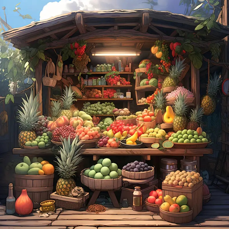 Rustic produce stall packed with colorful fruits and vegetables in baskets and barrels