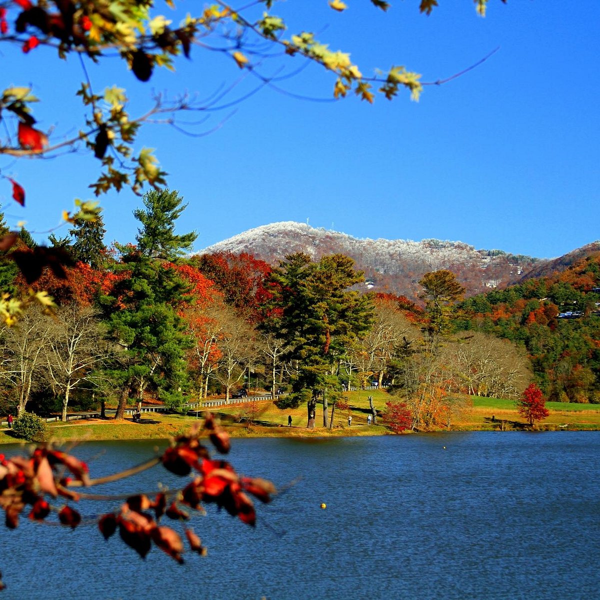 Blue lake with autumn trees and a snow-dusted mountain beneath a clear sky