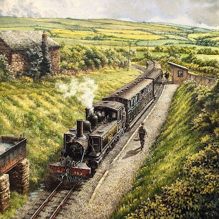 Steam locomotive pulling passenger carriages through rural hillside landscape with green fields