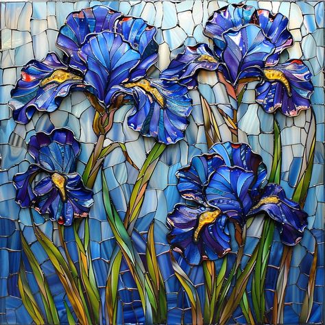 Stained glass panel with purple irises and green leaves in leaded came