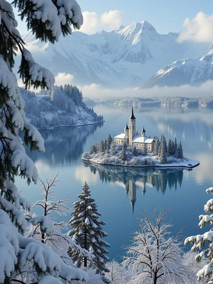 Winter view of Lake Bled island church surrounded by snowy mountains and pine trees with mirror-like water reflections