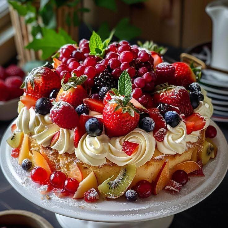 Pavlova cake with whipped cream and mixed berries including strawberries, raspberries, and blueberries