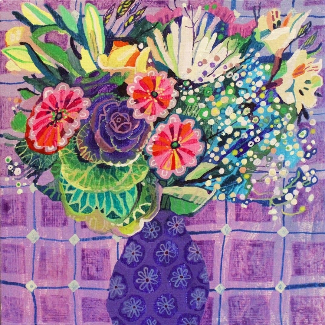 Colorful painting of flowers including roses and hydrangeas in a decorative purple vase on patterned background