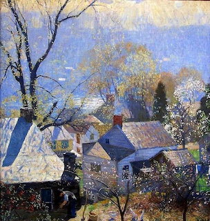 Impressionist painting of village houses among spring blooming trees under blue sky