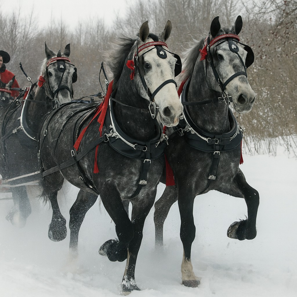 Two gray draft horses in red harness pulling sleigh through snow