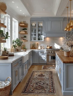 Bright farmhouse kitchen with light blue cabinets, white countertops, gold pendant lights, and open shelving