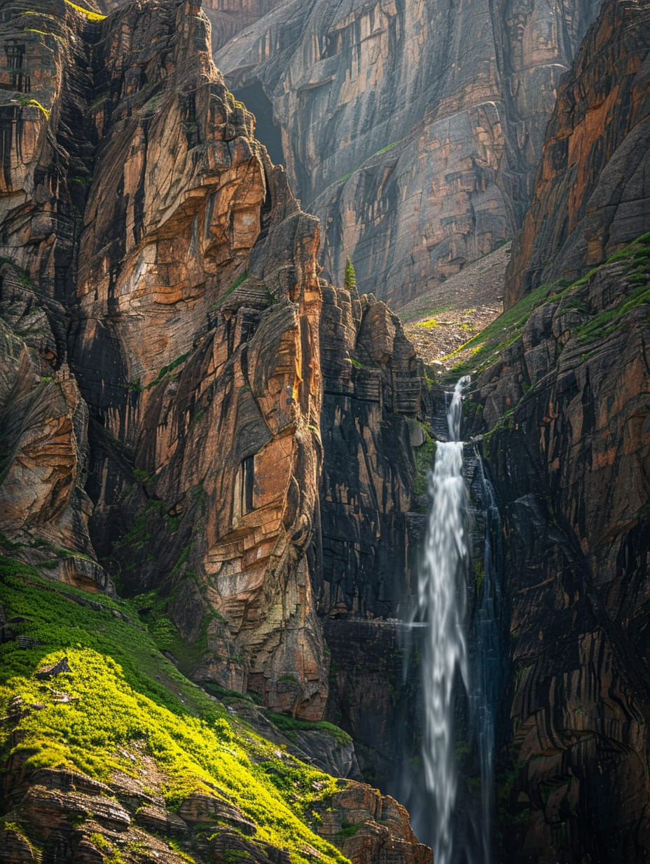Tall waterfall flowing down steep rocky cliffs with green vegetation at the base in a mountain canyon