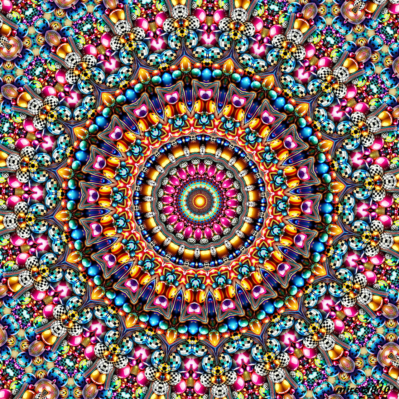 Vibrant circular mandala with intricate floral patterns in rainbow colors radiating symmetrically from purple center