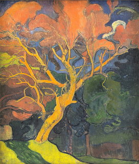 Expressionist painting of twisted tree with bright yellow trunk under orange sky