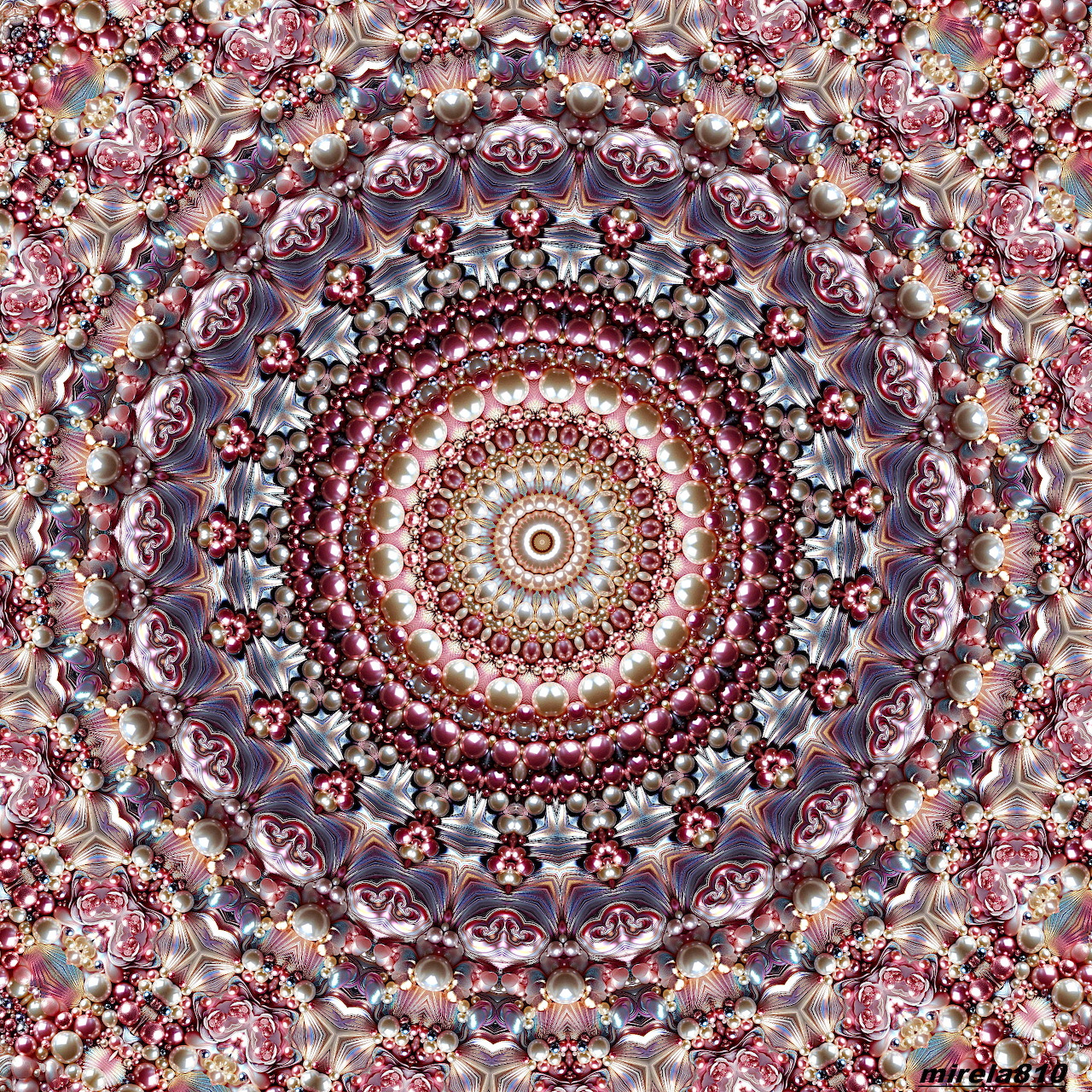 Detailed circular mandala with ornate Persian patterns in burgundy, blue, and pink tones