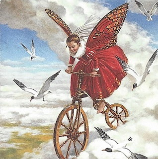 Surreal painting of a girl in red dress with butterfly wings riding a bicycle among clouds and seagulls