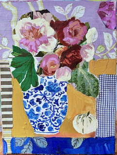 Mixed media painting of roses in blue and white decorative vase on patterned surface