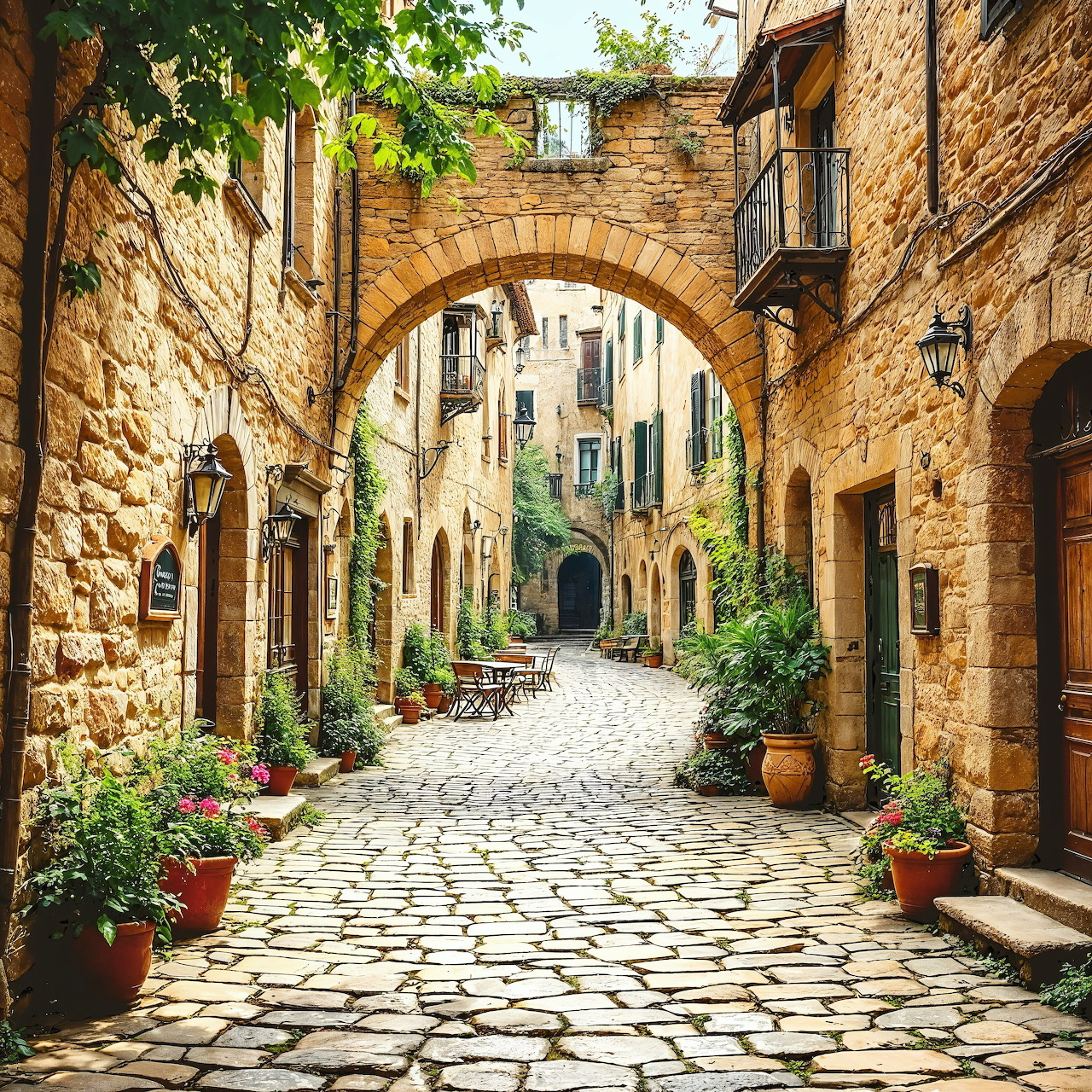Cobblestone alley with stone arch, potted plants, and old buildings under sunny sky