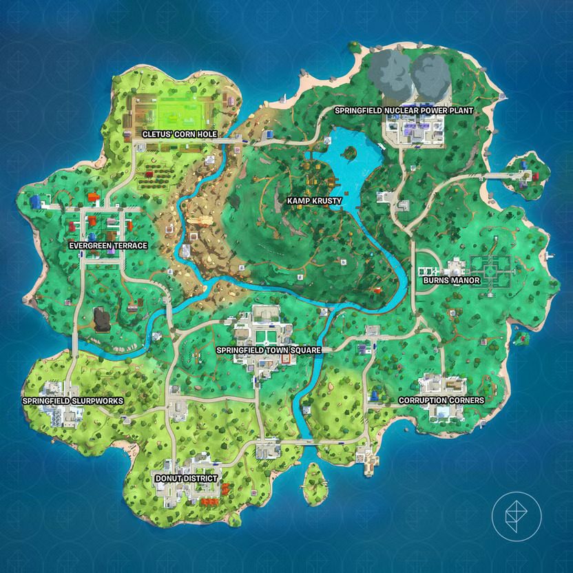 Overhead view of Fortnite game map with labeled locations and terrain