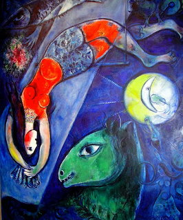 Marc Chagall painting Blue Circus with green horse, red-clad acrobat, and crescent moon on deep blue background