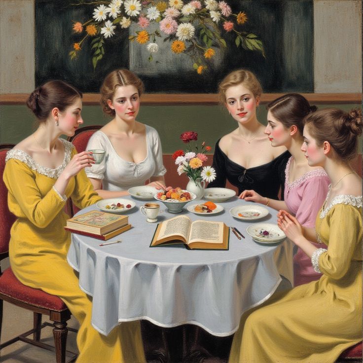 Five women in elegant dresses seated at a round table having tea, with a floral painting on the wall behind them