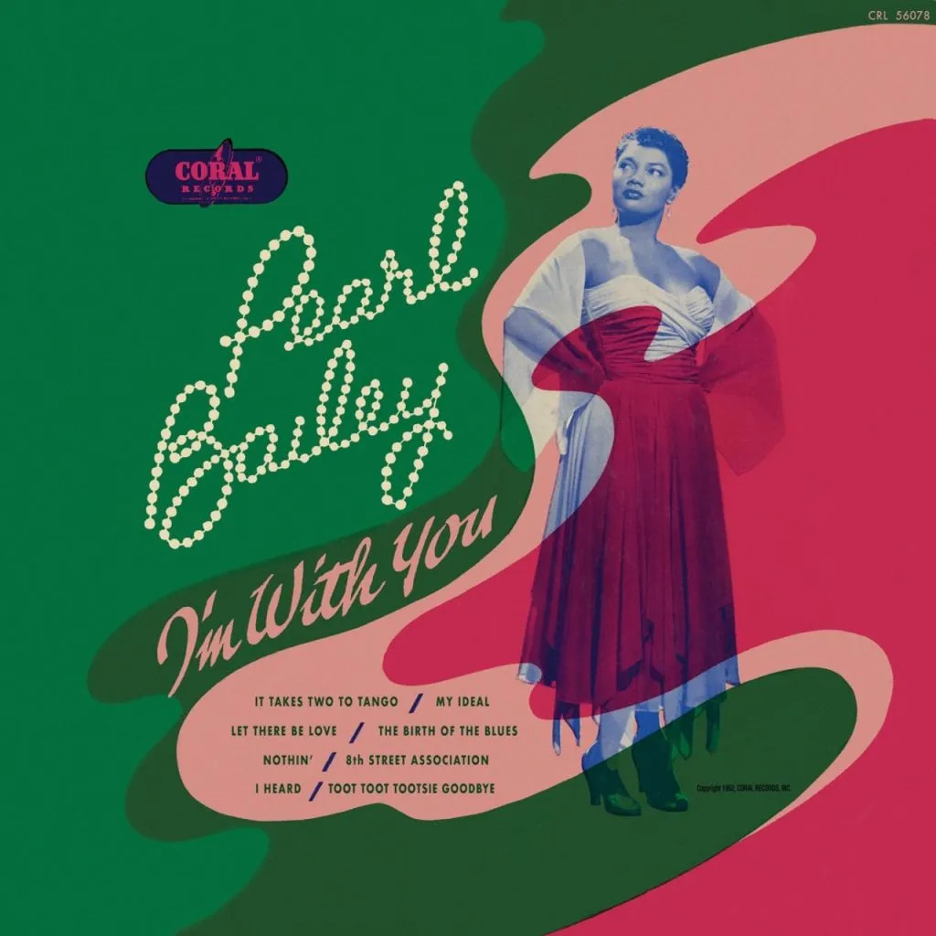 Vintage Pearl Bailey album cover with singer in a red gown on a green and pink abstract background