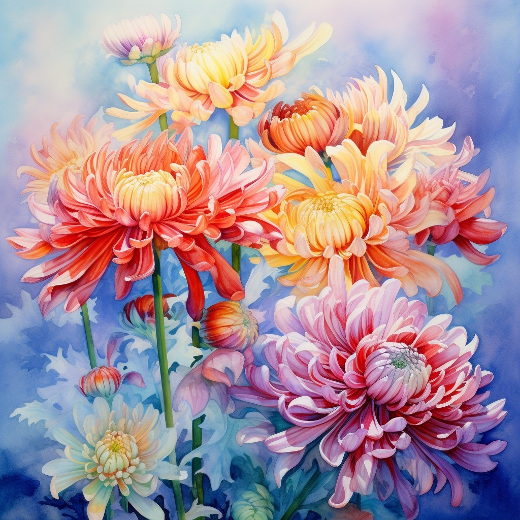 Watercolor painting of colorful chrysanthemum flowers in various shades of pink, orange, yellow and purple