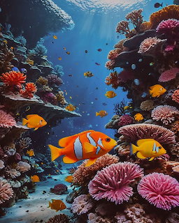 Colorful tropical fish swimming among vibrant coral reef with pink anemones and orange corals underwater