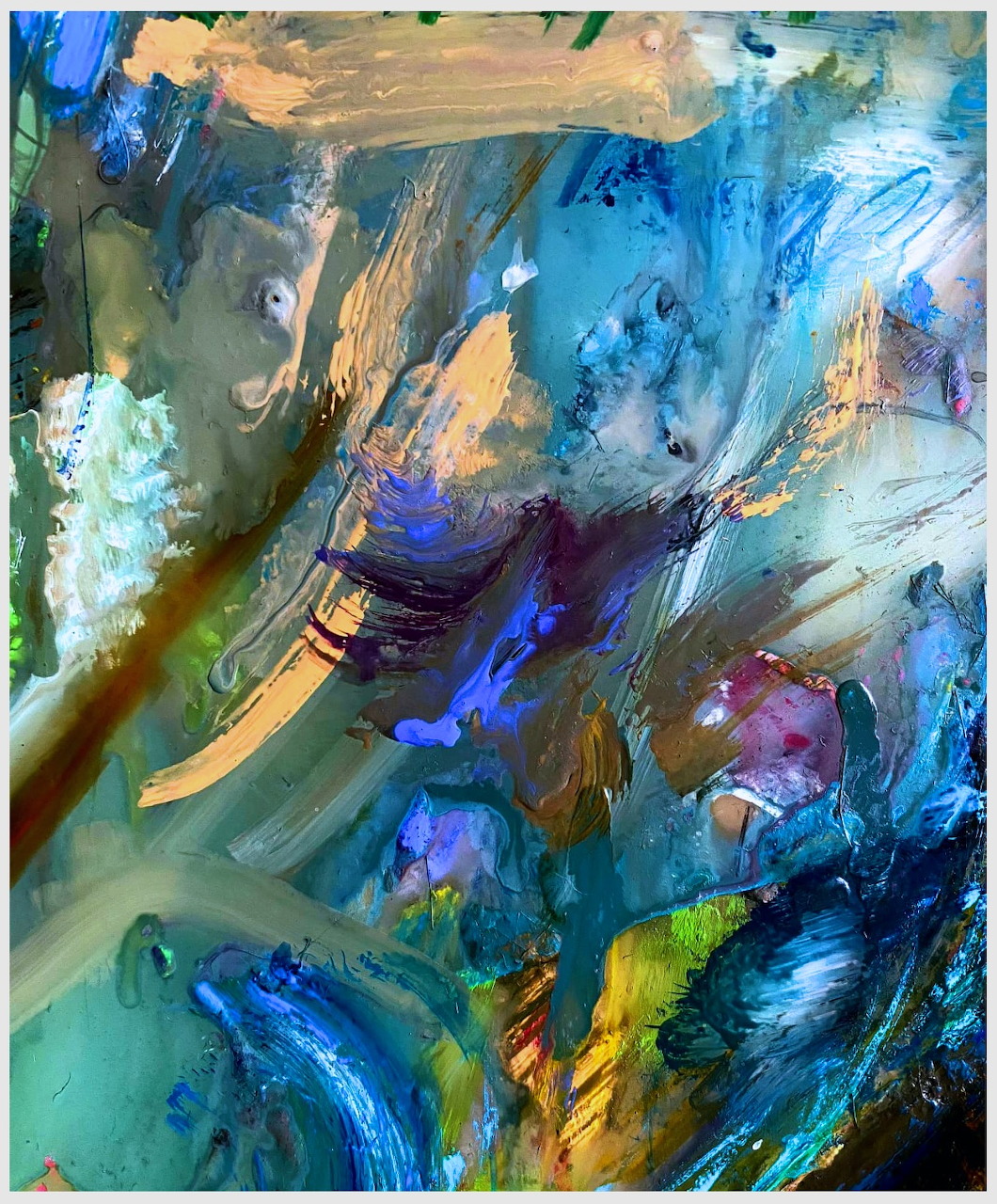 Abstract oil painting with bold teal, blue, purple, and gold brushstrokes in swirling patterns