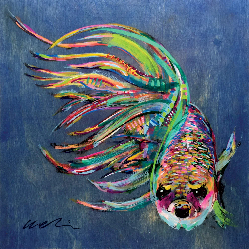 Colorful expressionist betta fish painting with flowing rainbow fins on blue background