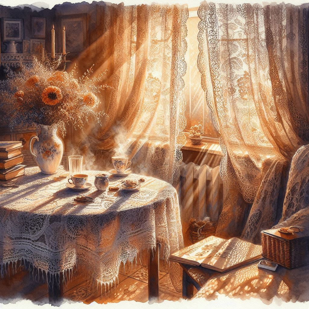 Warm sunlit room with lace-covered tea table, flowing curtains, and vintage furniture in golden light