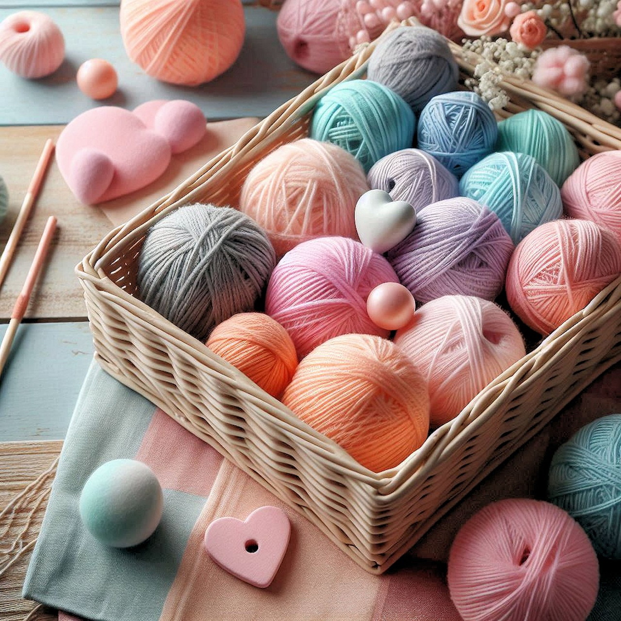 Wicker basket of pastel yarn balls on a wooden table with knitting needles and heart decorations