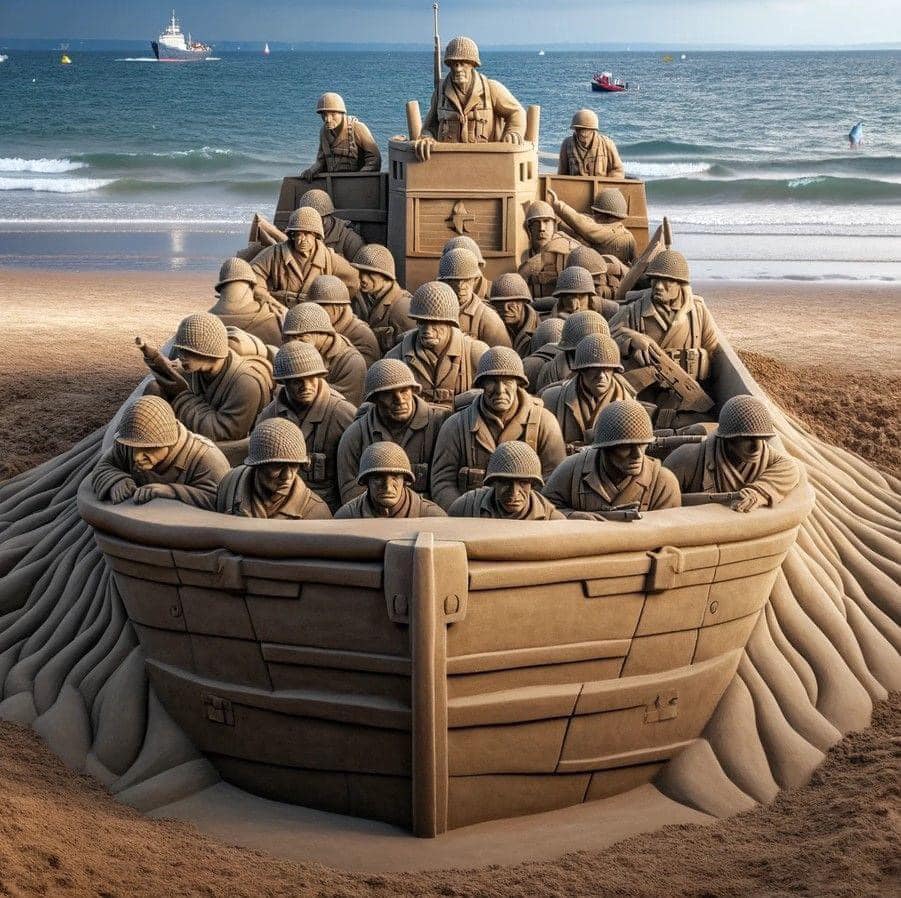 Sand sculpture showing D-Day soldiers in landing craft on beach with ocean in background