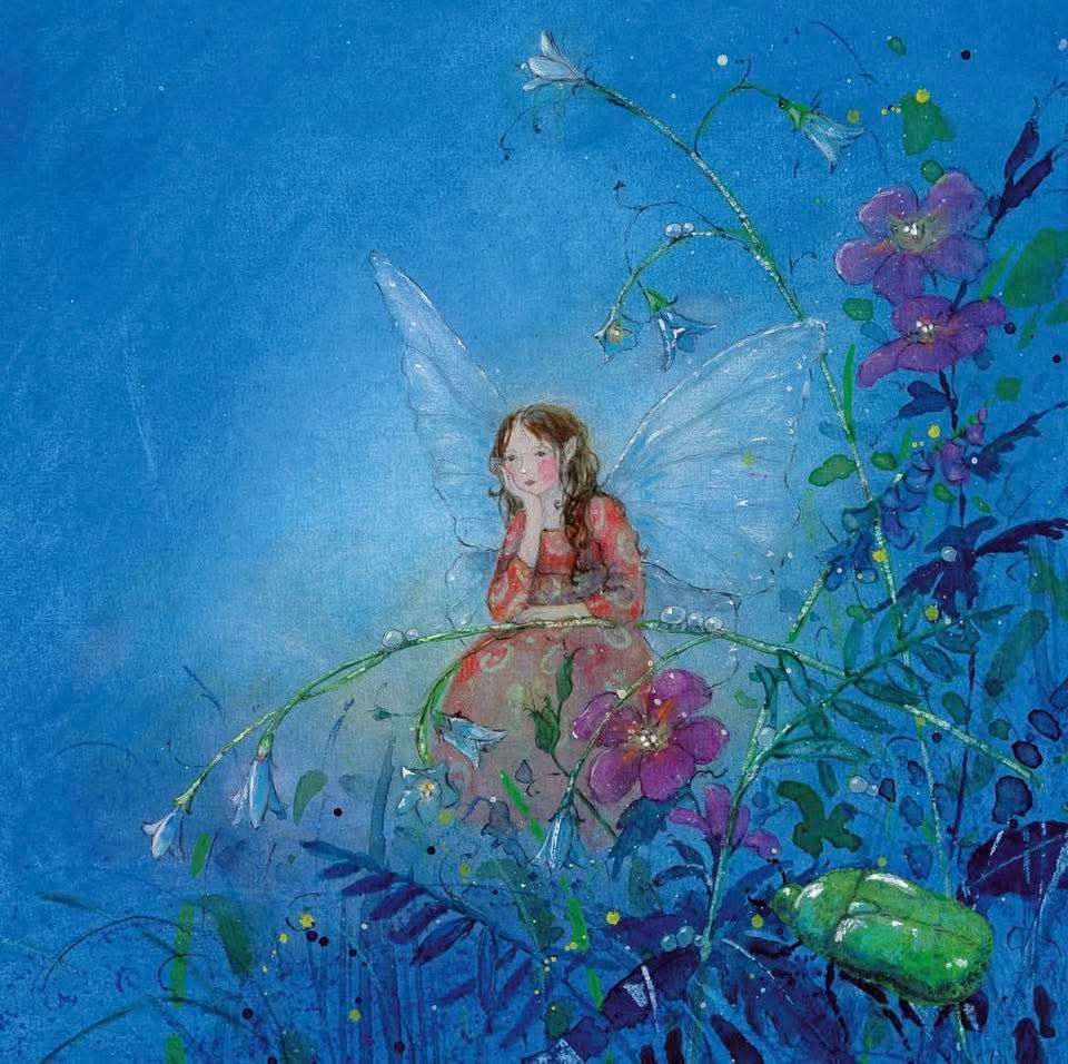 Illustrated fairy in a red dress sitting among flowers and foliage on a blue background