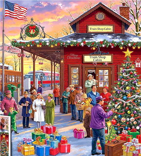Red train station building decorated with Christmas tree, wreath, and people with gifts at sunset